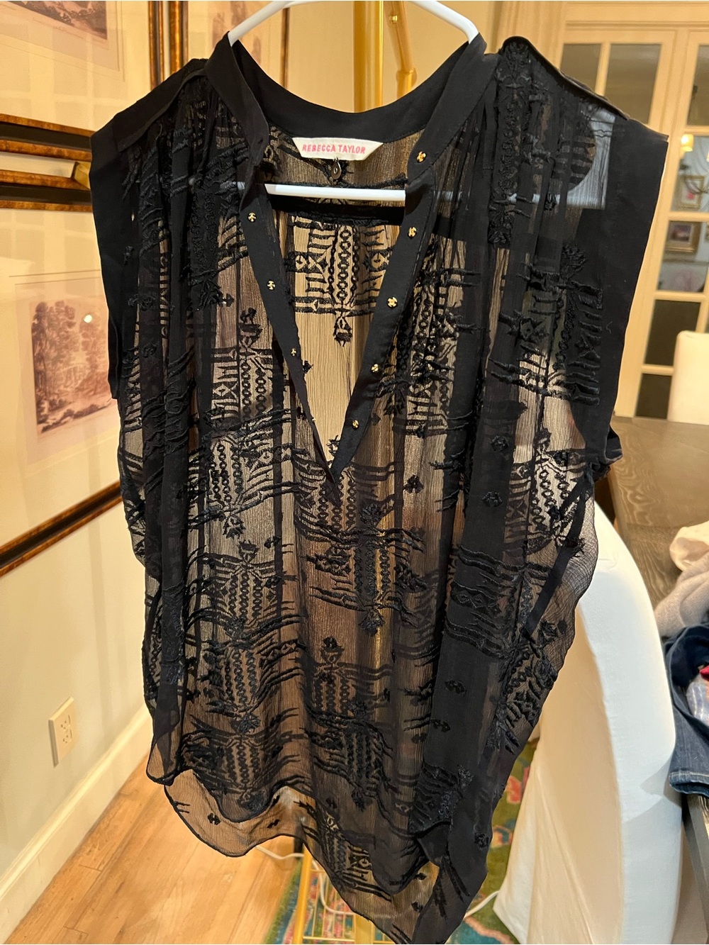 Rebecca Taylor Black Sheer Embroidered Sleeveless Camisole